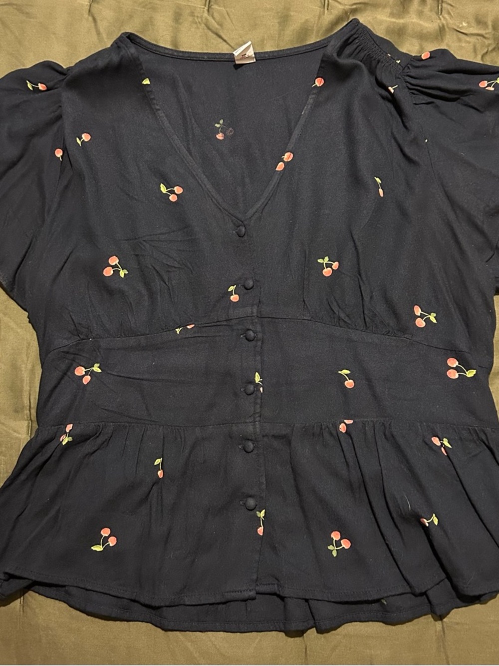 Old Navy Cherry-Print and Navy V-Neck Peplum Blouse